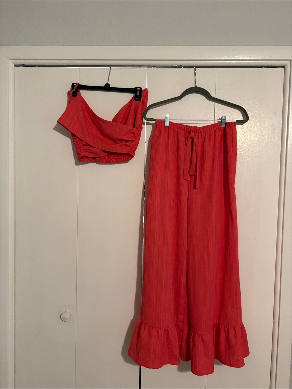 Two-Piece Coral Crop Top & Ruffle Hem Wide Leg Pants Set